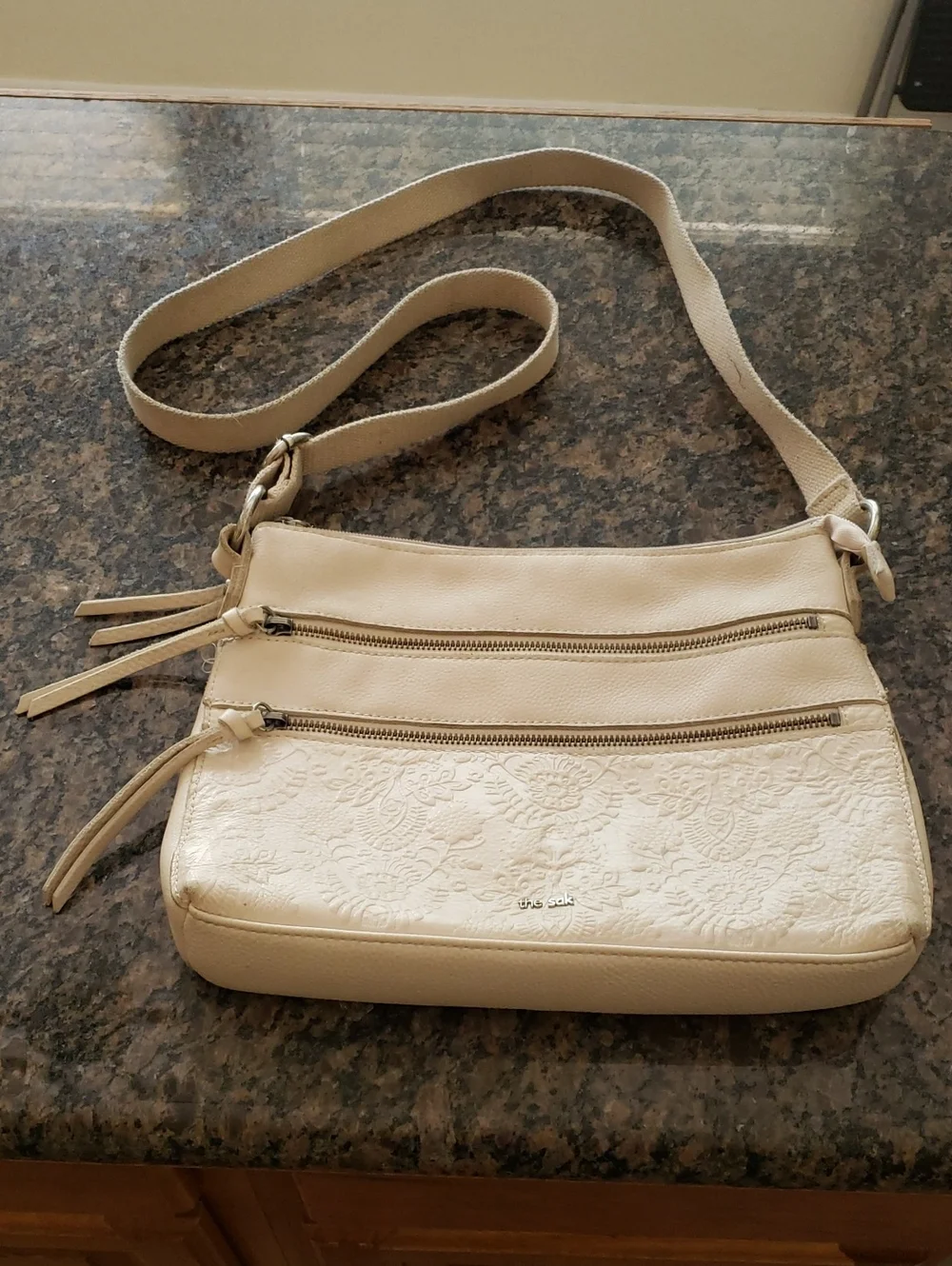 Women's The Sak Cream Crossbody Leather Bag with Floral Embossing